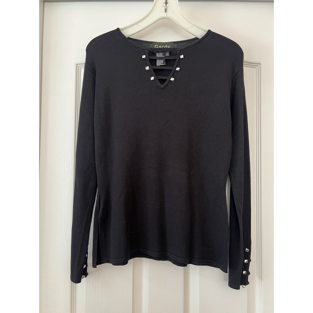 Vintage Gardy Sweater Womens Medium Black‎ Y2K Floral Silver Glam Knit Gothic